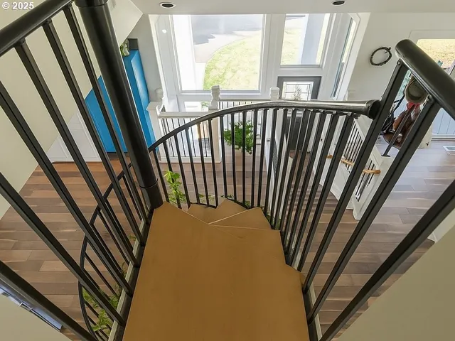 a view of stairs and furniture
