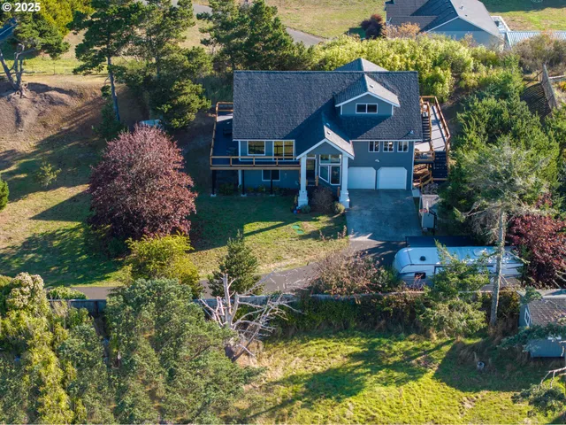 a aerial view of a house with a yard potted plants and large tree