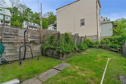 a garden view with a seating space