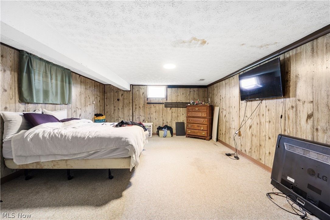 4001 South Cleveland Massillon Road Barberton, OH 44203 - Photo 24 of 25 Bedroom featuring wood walls, carpet flooring, and a textured ceiling