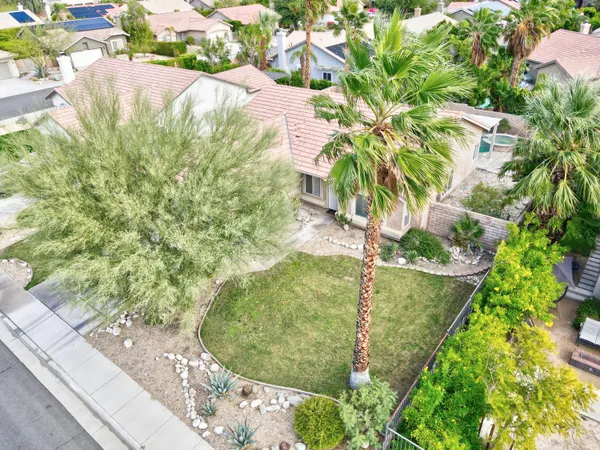 a view of a backyard with plants and a patio