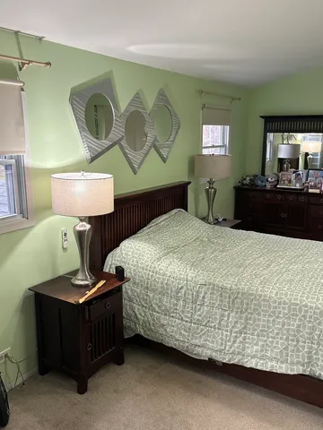 a bedroom with a bed and dresser with mirror