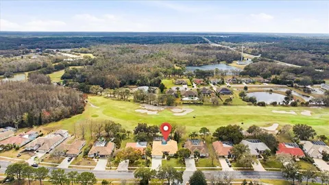 an aerial view of a swimming pool