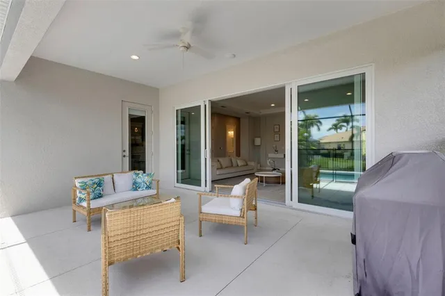 a living room with furniture and a table