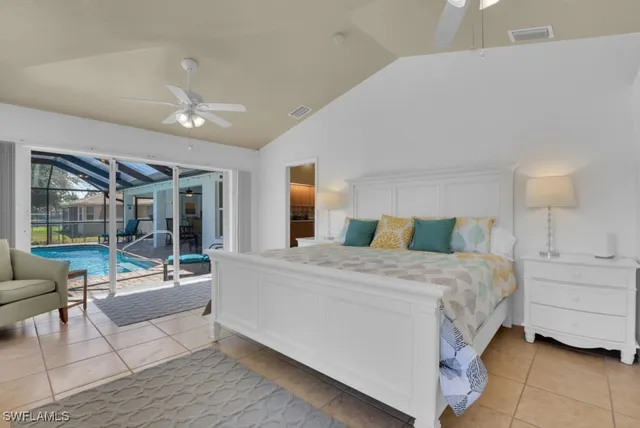 a spacious bedroom with a bed and glass door