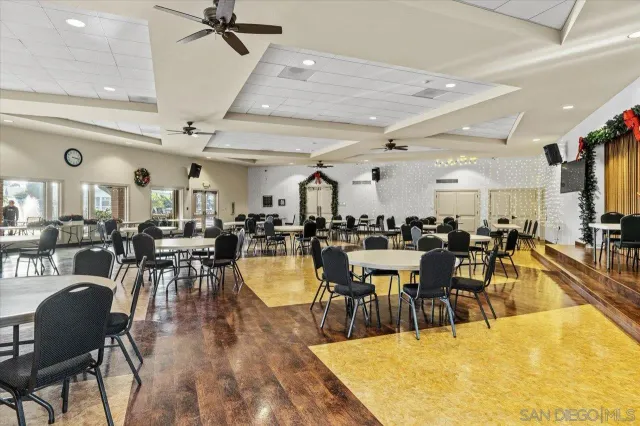a view of a dining hall with lots of dining table and chairs