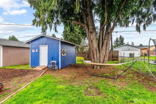 a view of a house with backyard and a tree