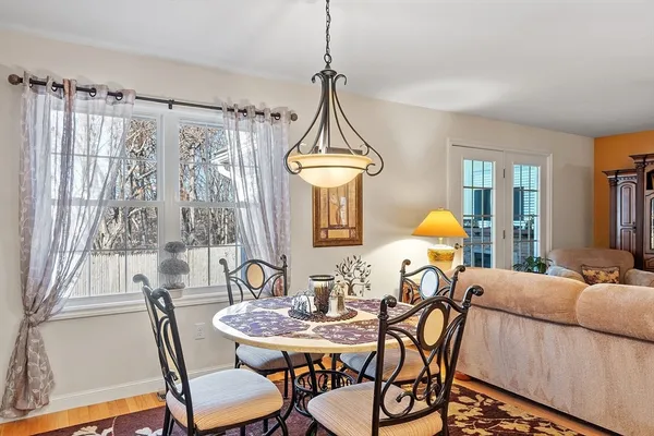 a view of a dining room with furniture window and wooden floor