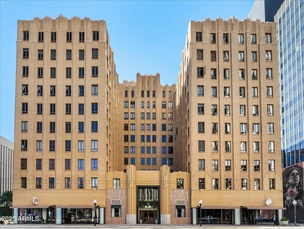 a view of a building with a black and white checkered floor