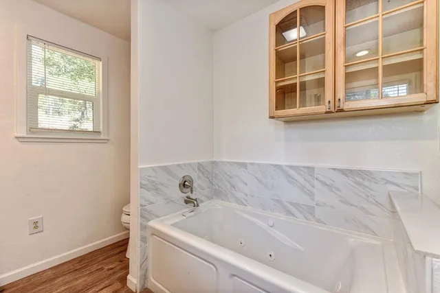 a view of a yard with trees in the background