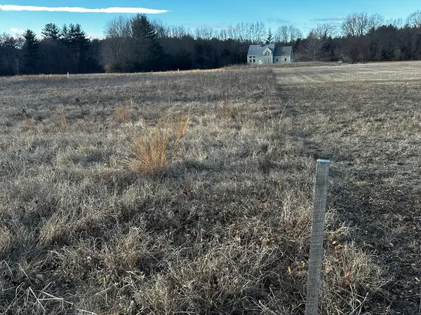 a view of dirt field with large trees