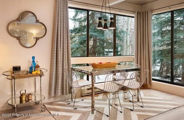 a view of a dining room with furniture window and outside view
