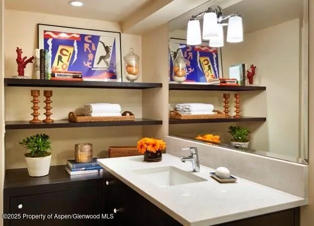 a view of a dining room with shelves