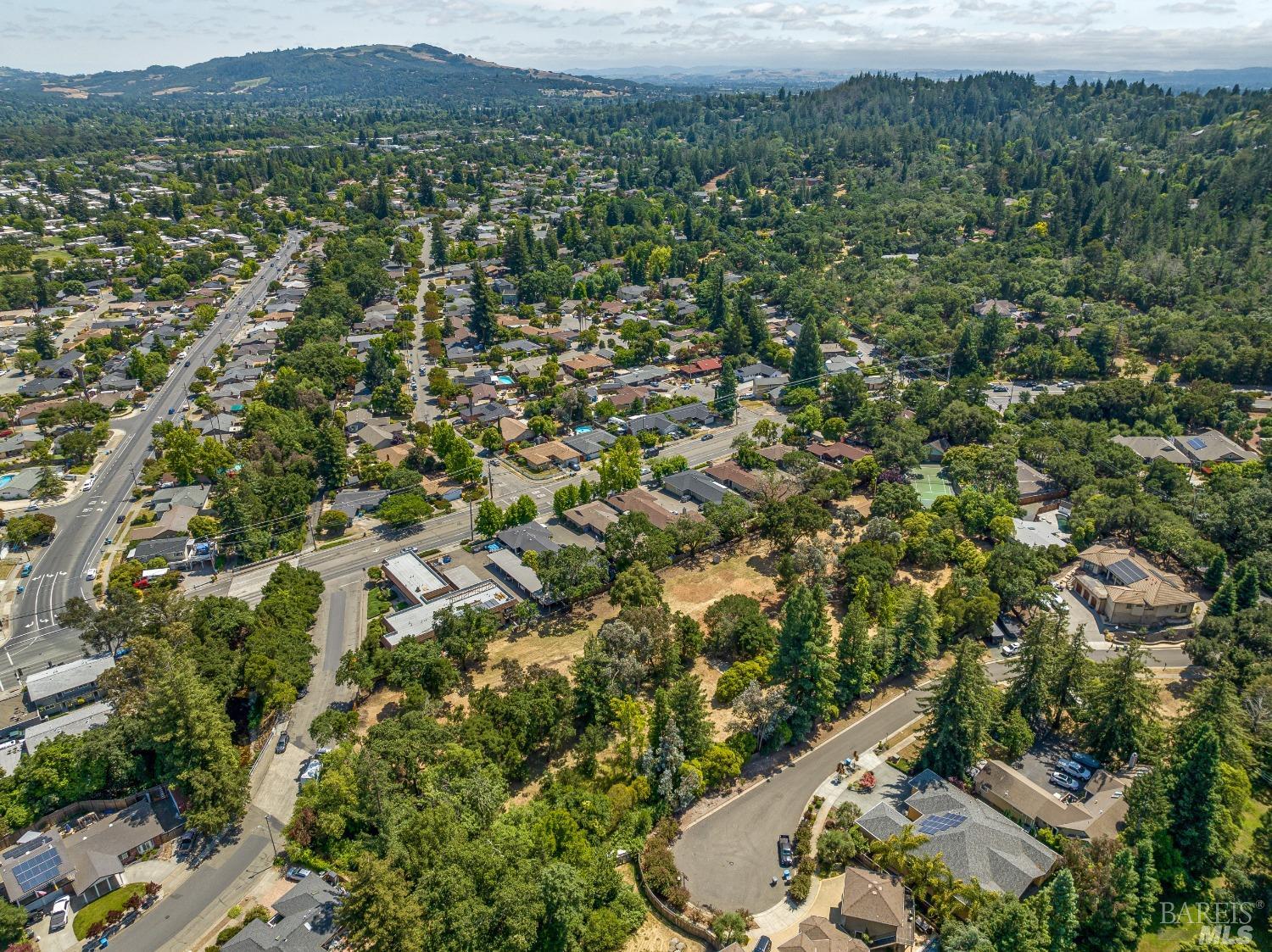 an aerial view of a residential houses covered in trees