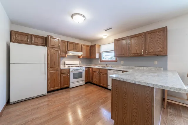 a kitchen with a refrigerator a sink and wooden cabinets