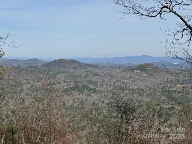 a view of a dry field with mountains in the background