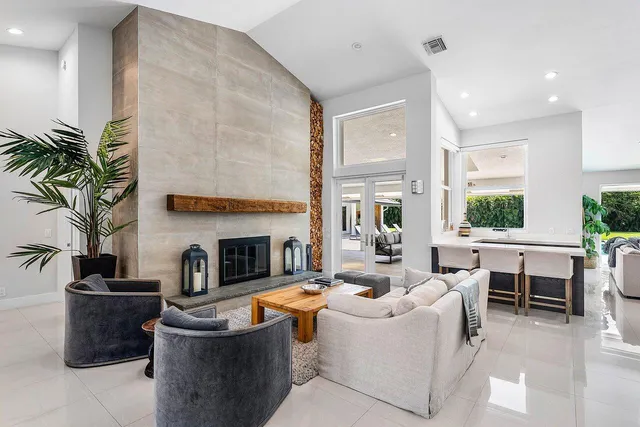 a living room with furniture a fireplace and a potted plant