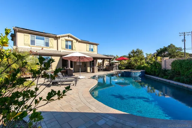 an aerial view of a house with a yard and potted plants