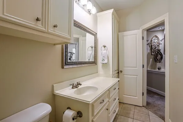 a bathroom with a sink a toilet and mirror