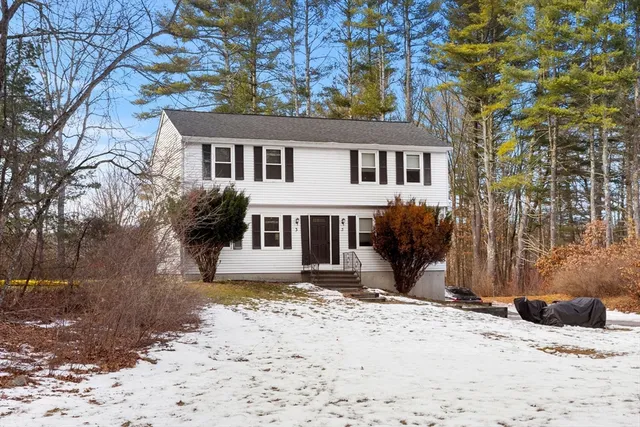 a front view of a house with a yard covered in snow