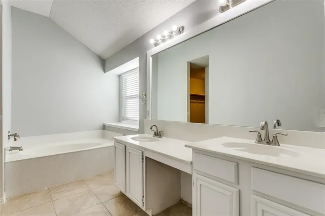 a bathroom with a sink double vanity mirror and a bathtub