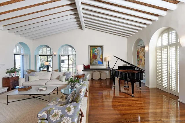 a living room with furniture a fireplace and a potted plant
