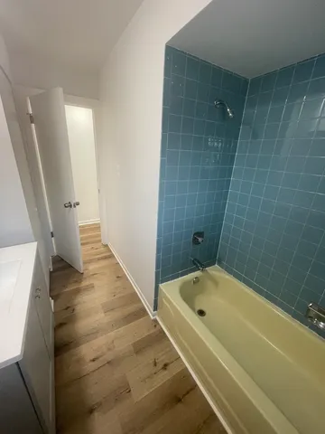 a bathroom with a bathtub