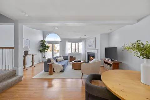 a living room with furniture flat screen tv and potted plant