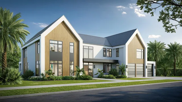 a view of a brick house with a yard plants and palm trees