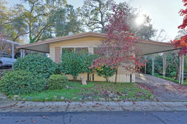 a front view of a house with a yard and potted plants