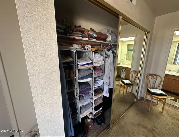 a view of walk in closet with clothes and shoes