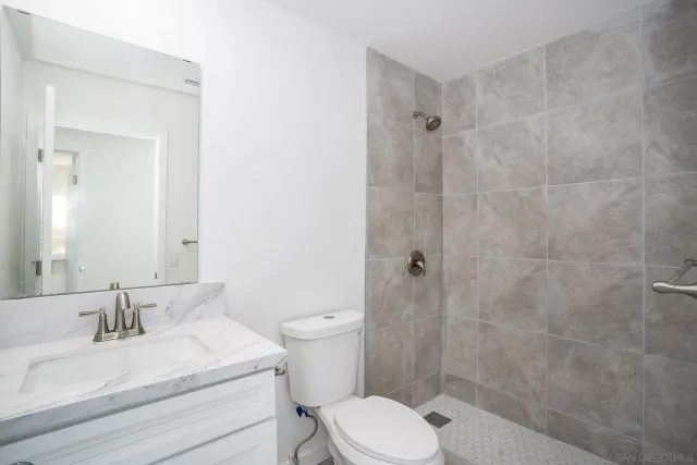 a bathroom with a sink toilet a mirror and shower