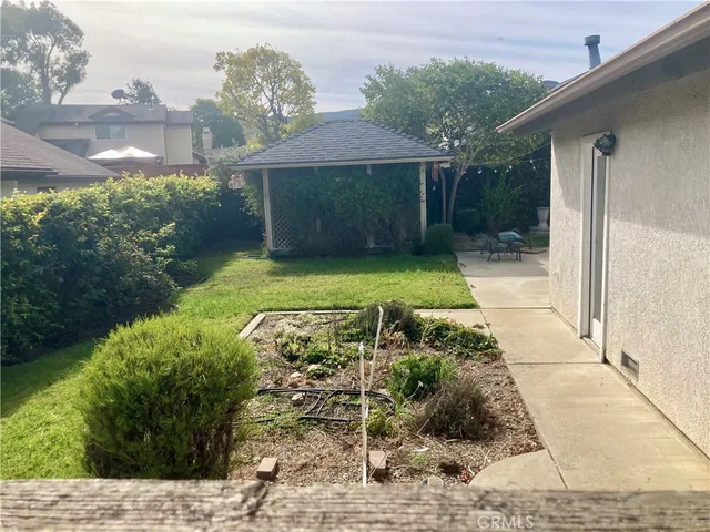 a view of a yard with potted plants