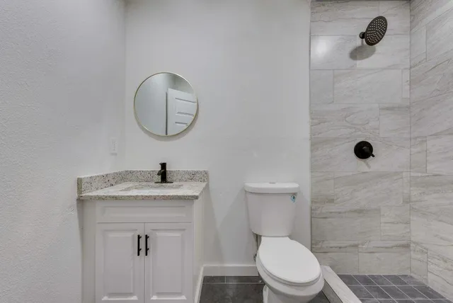 a bathroom with a toilet a sink and mirror