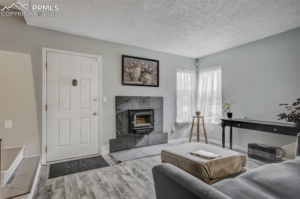 789 Alexander Road, Unit D Colorado Springs, CO 80909 - Photo 2 of 36 a living room with furniture and a fireplace