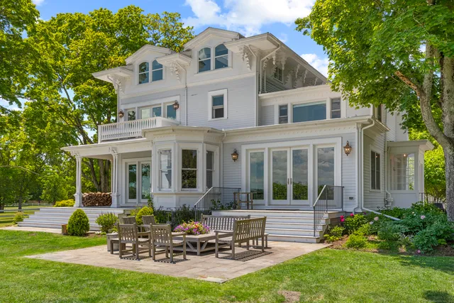 a view of a lake with a garden