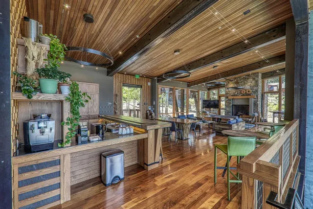 a view of a park with swings and slides