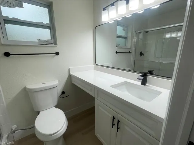 a bathroom with a sink a toilet a mirror and vanity