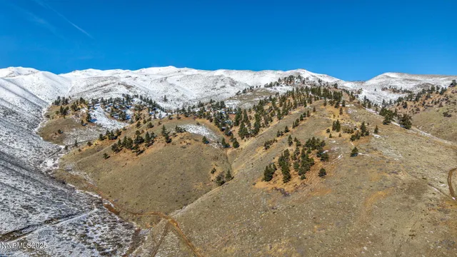 a view of a large mountain with snow in the background