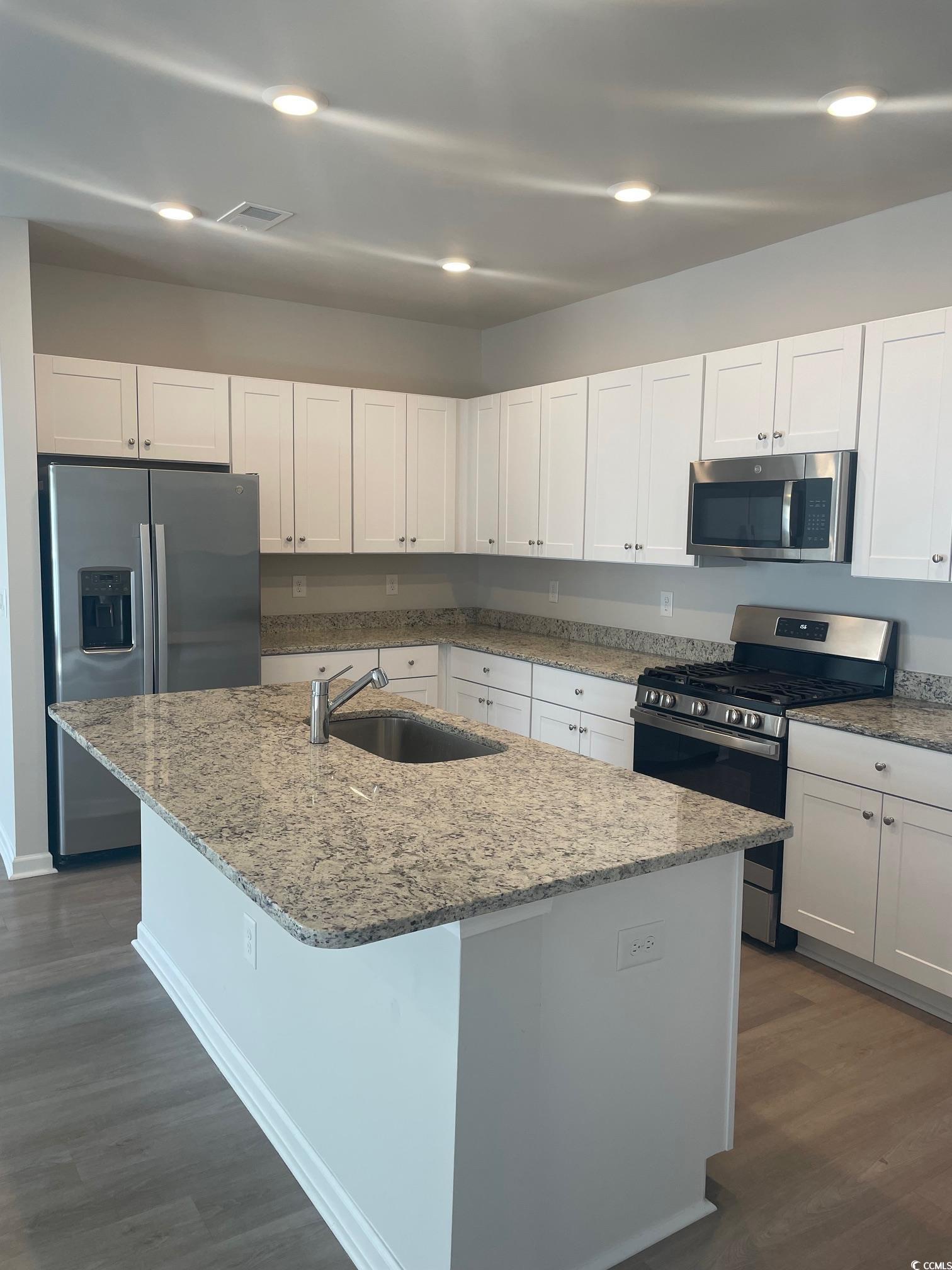 61 S Reindeer Road South Surfside Beach, SC 29575 - Photo 4 of 10 Kitchen featuring appliances with stainless steel finishes, white cabinets, light stone counters, dark wood-style floors, and recessed lighting