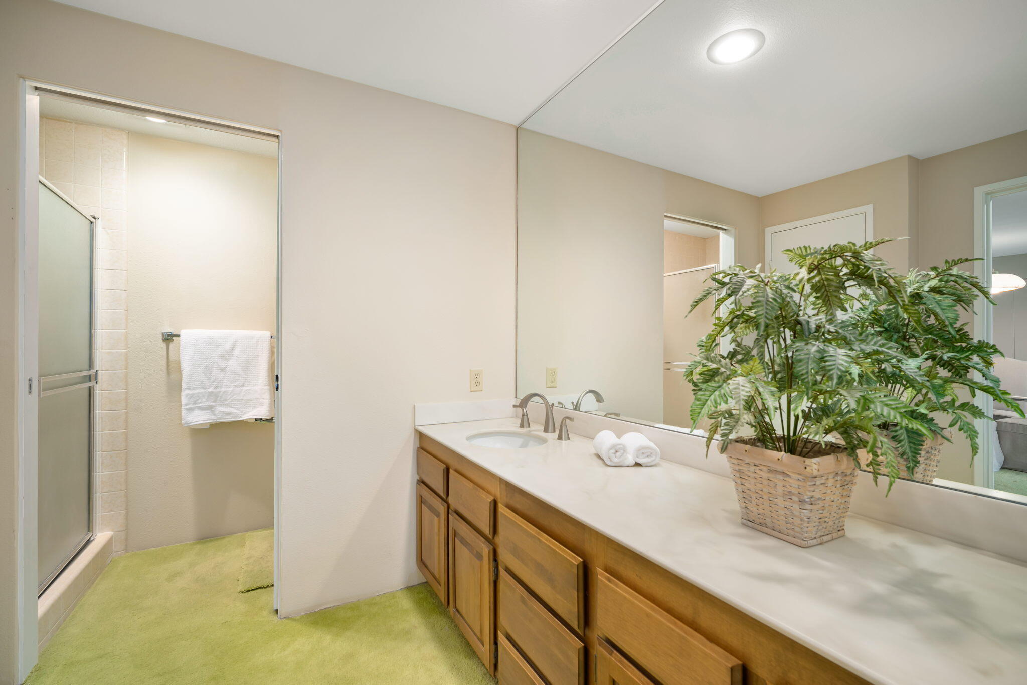 910 Island Drive, Unit 116 Rancho Mirage, CA 92270 - Photo 24 of 39 a bathroom with a sink a mirror and a potted plant