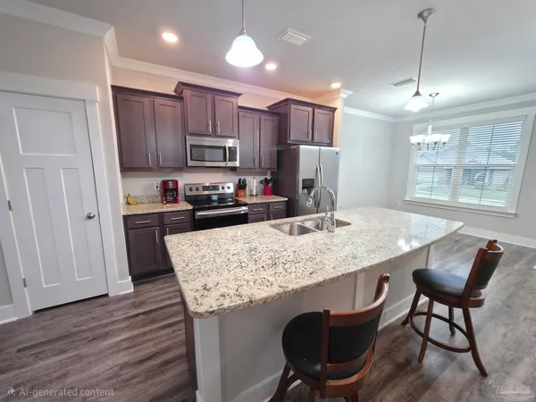 a kitchen with kitchen island a wooden table chairs refrigerator and microwave