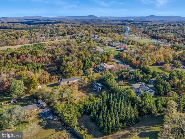 an aerial view of residential houses with outdoor space and trees