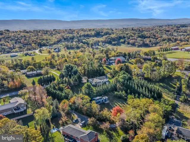 an aerial view of residential houses with outdoor space and trees