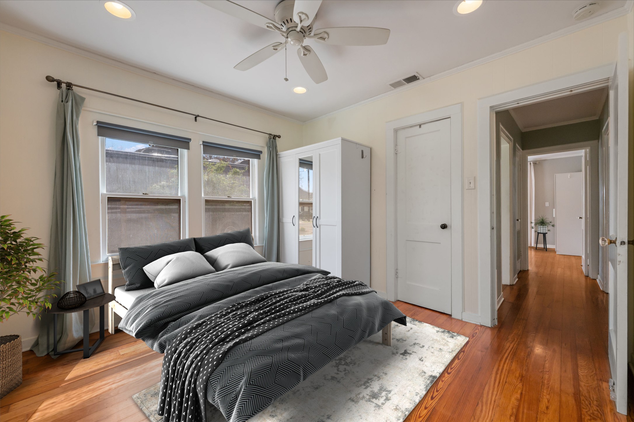 1218 South Myrtle Street Georgetown, TX 78626 - Photo 25 of 37 Virtually Staged bedroom with light wood-style floors, recessed lighting, ceiling fan, crown molding, and ensuite bathroom