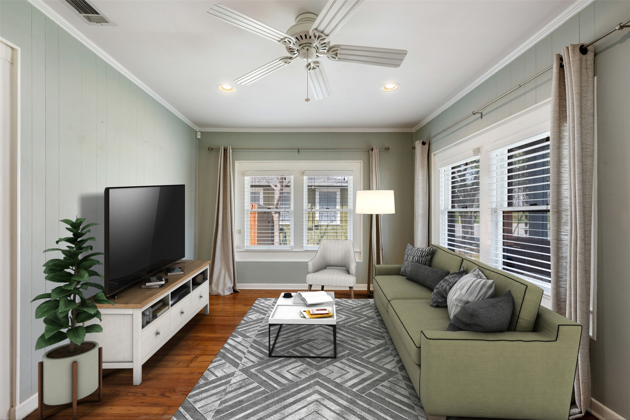 1218 South Myrtle Street Georgetown, TX 78626 - Photo 10 of 37 Virtually Staged living room with dark wood-style flooring, ceiling fan, recessed lighting, and ornamental molding