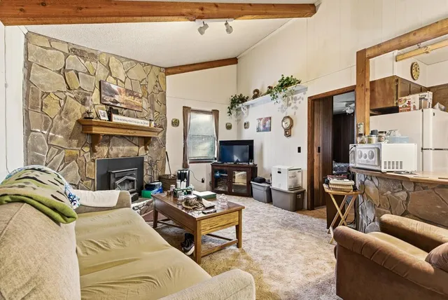 a living room with furniture a fireplace and a chandelier
