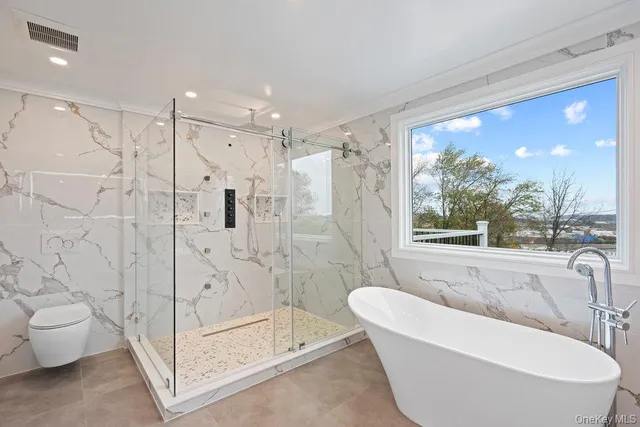 a bathroom with a tub toilet and a shower