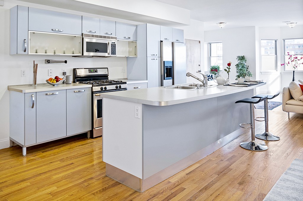 877 Harrison Avenue, Unit 7 Boston, MA 02118 - Photo 14 of 25 a kitchen with stainless steel appliances a sink cabinets and wooden floor