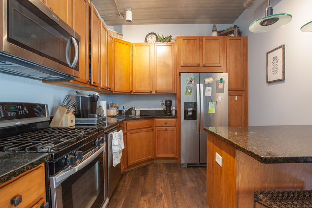 1228 West Monroe Street, Unit 407 Chicago, IL 60607 - Photo 4 of 15 a kitchen with stainless steel appliances granite countertop a stove a refrigerator and a microwave